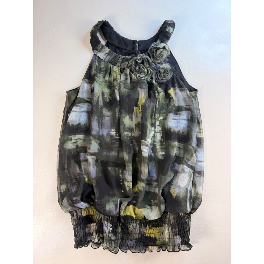 iZ Byer Bubble Hem Top Women M Green Excellent Y2K Rosette Halter Abstract Print